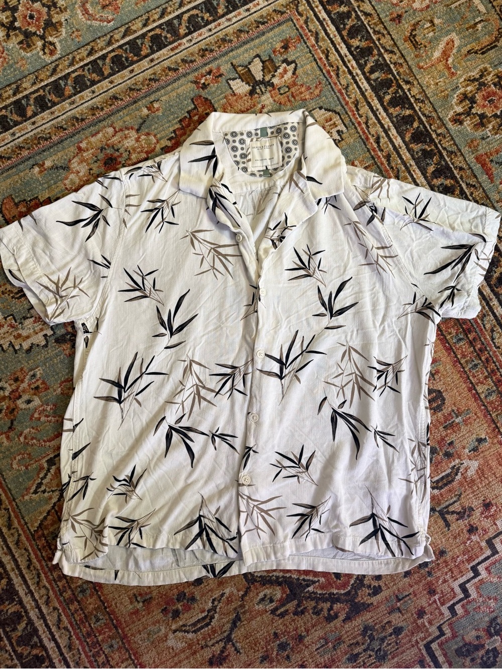 Denim & Flower White Short Sleeve Button-Down with Black and Taupe Bamboo Print